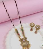 Gold plated traditional studded pendant & black bead chain mangalsutra with earrings for women