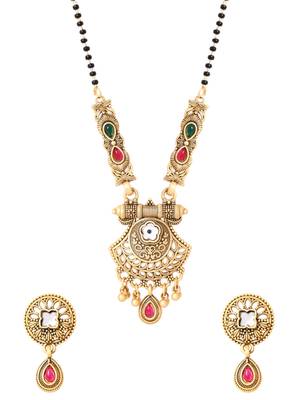 Gold plated traditional studded pendant & black bead chain mangalsutra with earrings for women  3