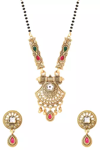 Gold plated traditional studded pendant & black bead chain mangalsutra with earrings for women 