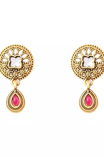 Gold plated traditional studded pendant & black bead chain mangalsutra with earrings for women 