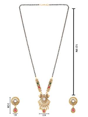 Gold plated traditional studded pendant & black bead chain mangalsutra with earrings for women  5