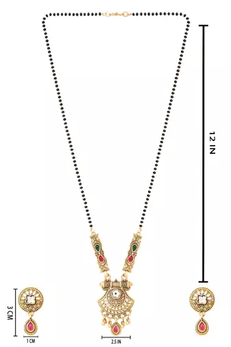 Gold plated traditional studded pendant & black bead chain mangalsutra with earrings for women 