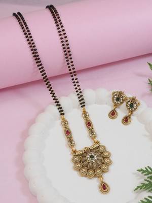 Gold plated traditional antique pendant & black bead chain mangalsutra with earrings for women (d128) 1
