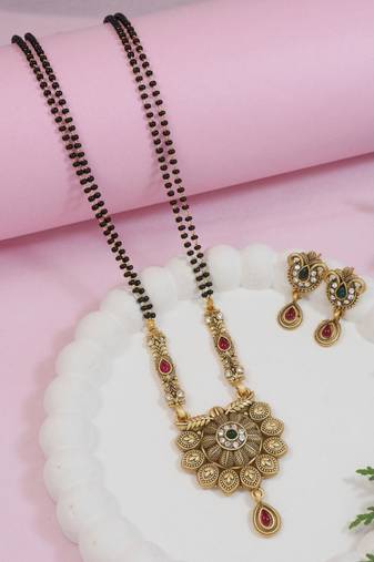 Gold plated traditional antique pendant & black bead chain mangalsutra with earrings for women (d128)