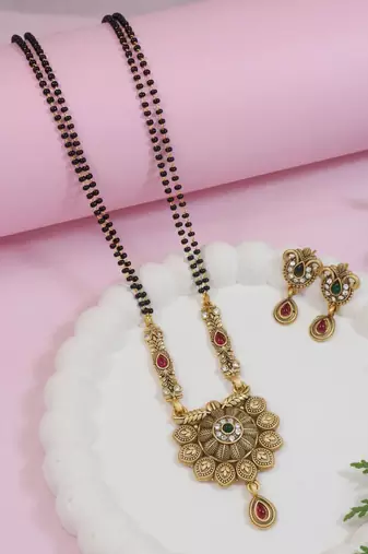 Gold plated traditional antique pendant & black bead chain mangalsutra with earrings for women (d128)