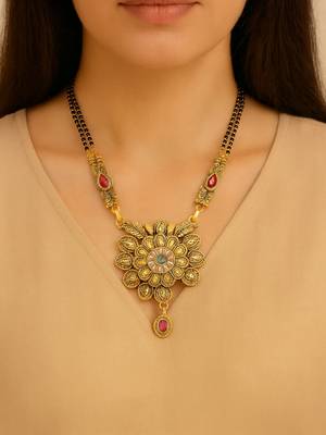 Gold plated traditional antique pendant & black bead chain mangalsutra with earrings for women (d128) 2