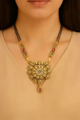 Gold plated traditional antique pendant & black bead chain mangalsutra with earrings for women (d128)