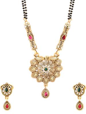 Gold plated traditional antique pendant & black bead chain mangalsutra with earrings for women (d128) 3