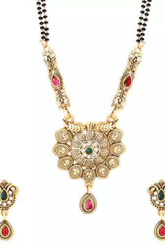 Gold plated traditional antique pendant & black bead chain mangalsutra with earrings for women (d128)