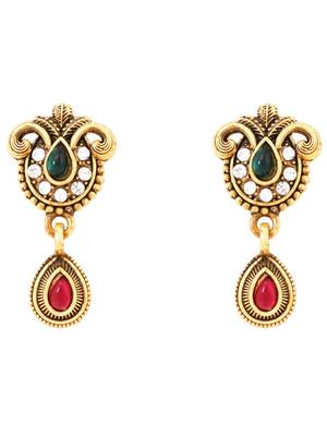 Gold plated traditional antique pendant & black bead chain mangalsutra with earrings for women (d128) 4