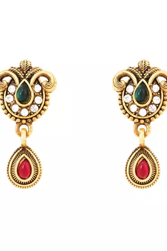 Gold plated traditional antique pendant & black bead chain mangalsutra with earrings for women (d128)