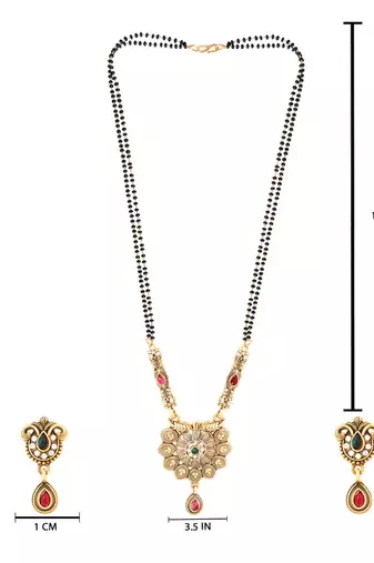 Gold plated traditional antique pendant & black bead chain mangalsutra with earrings for women (d128)