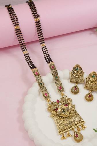 Gold plated traditional studded pendant & black bead chain mangalsutra with earrings for women (d129)