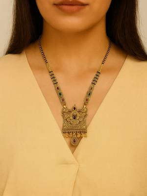 Gold plated traditional studded pendant & black bead chain mangalsutra with earrings for women  2