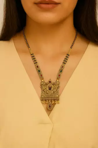 Gold plated traditional studded pendant & black bead chain mangalsutra with earrings for women 