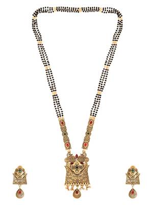 Gold plated traditional studded pendant & black bead chain mangalsutra with earrings for women  3