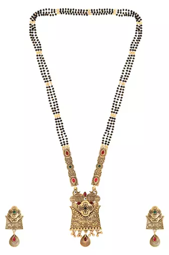 Gold plated traditional studded pendant & black bead chain mangalsutra with earrings for women 