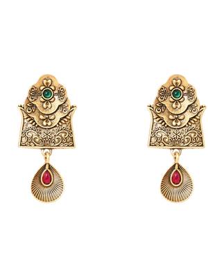 Gold plated traditional studded pendant & black bead chain mangalsutra with earrings for women  4