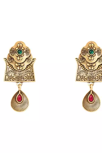Gold plated traditional studded pendant & black bead chain mangalsutra with earrings for women 