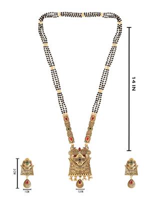 Gold plated traditional studded pendant & black bead chain mangalsutra with earrings for women  5