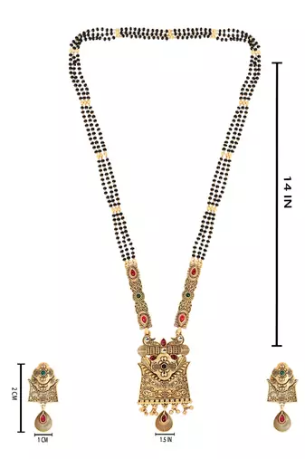 Gold plated traditional studded pendant & black bead chain mangalsutra with earrings for women 
