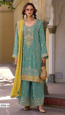 Sky blue heavy chinon semi stitched suit with embroidery bits work 1