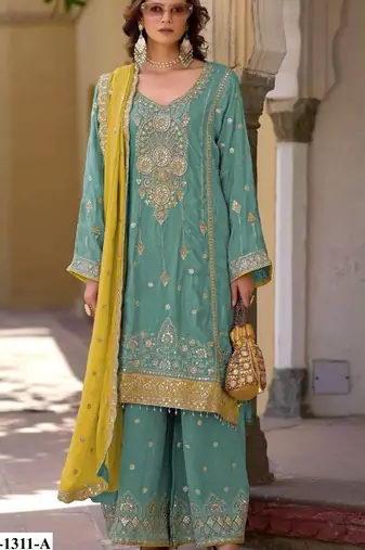 Sky blue heavy chinon semi stitched suit with embroidery bits work