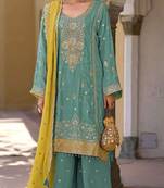 Sky blue heavy chinon semi stitched suit with embroidery bits work