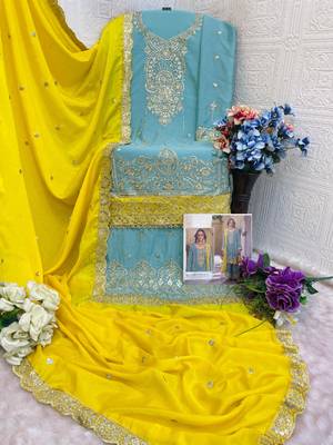Sky blue heavy chinon semi stitched suit with embroidery bits work 2
