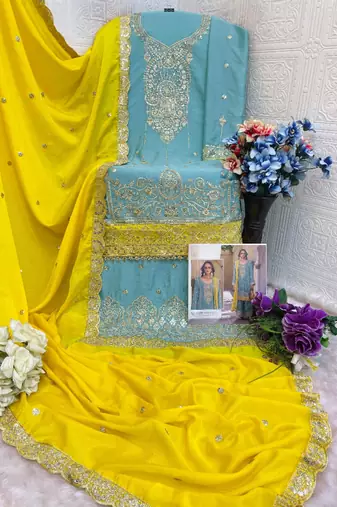 Sky blue heavy chinon semi stitched suit with embroidery bits work