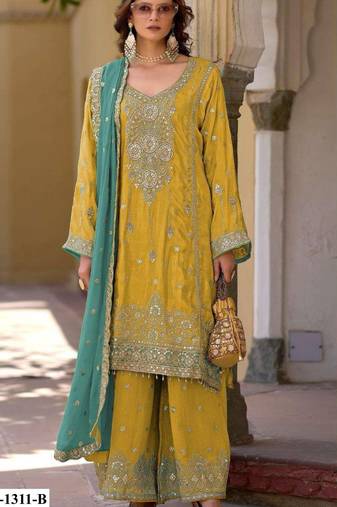Yellow heavy chinon semi stitched suit with embroidery bits work