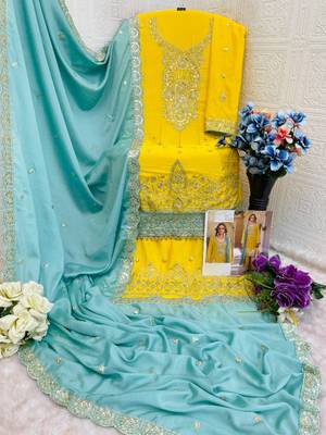 Yellow heavy chinon semi stitched suit with embroidery bits work 2