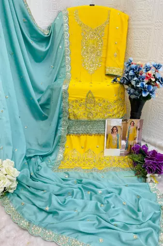 Yellow heavy chinon semi stitched suit with embroidery bits work