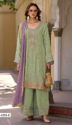 Sea green heavy chinon semi stitched suit with embroidery bits work 1