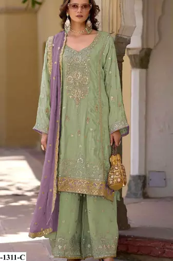 Sea green heavy chinon semi stitched suit with embroidery bits work