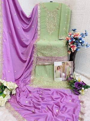 Sea green heavy chinon semi stitched suit with embroidery bits work 2