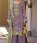 Lavender heavy chinon semi stitched suit with embroidery bits work