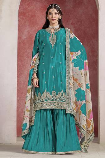 Teal blue embroidered chinon sharara-full stitched free size