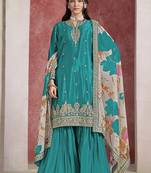Teal blue embroidered chinon sharara-full stitched free size