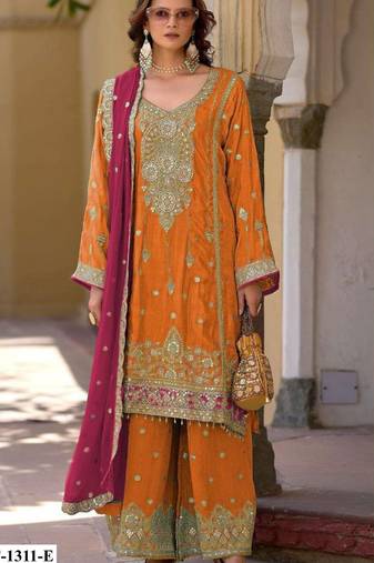 Oarange heavy chinon semi stitched suit with embroidery bits work