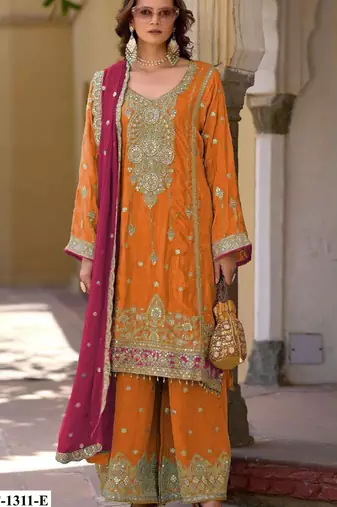 Oarange heavy chinon semi stitched suit with embroidery bits work
