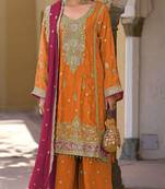 Oarange heavy chinon semi stitched suit with embroidery bits work