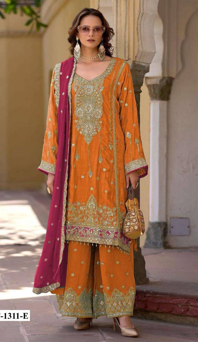 Oarange heavy chinon semi stitched suit with embroidery bits work