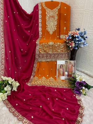 Oarange heavy chinon semi stitched suit with embroidery bits work 2
