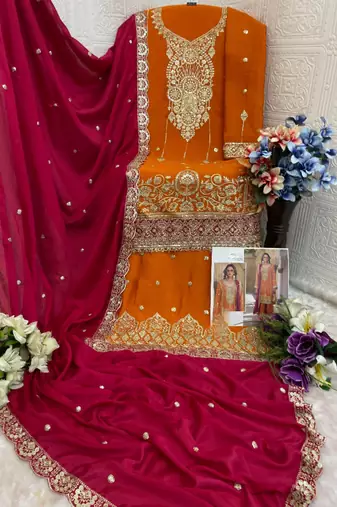 Oarange heavy chinon semi stitched suit with embroidery bits work