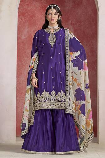 Purple embroidered chinon sharara-full stitched free size