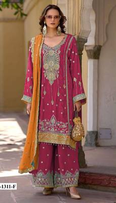 Red heavy chinon suit with embroidery bits work 1