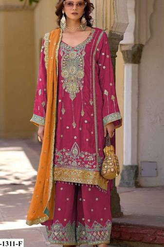 Red heavy chinon semi stitched suit with embroidery bits work