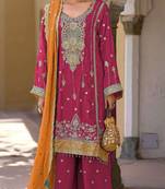 Red heavy chinon semi stitched suit with embroidery bits work