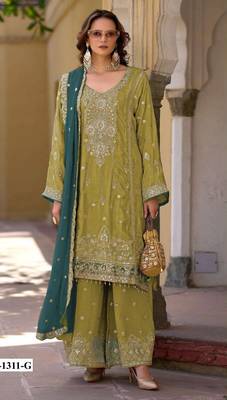 Green heavy chinon semi stitched suit with embroidery bits work 1
